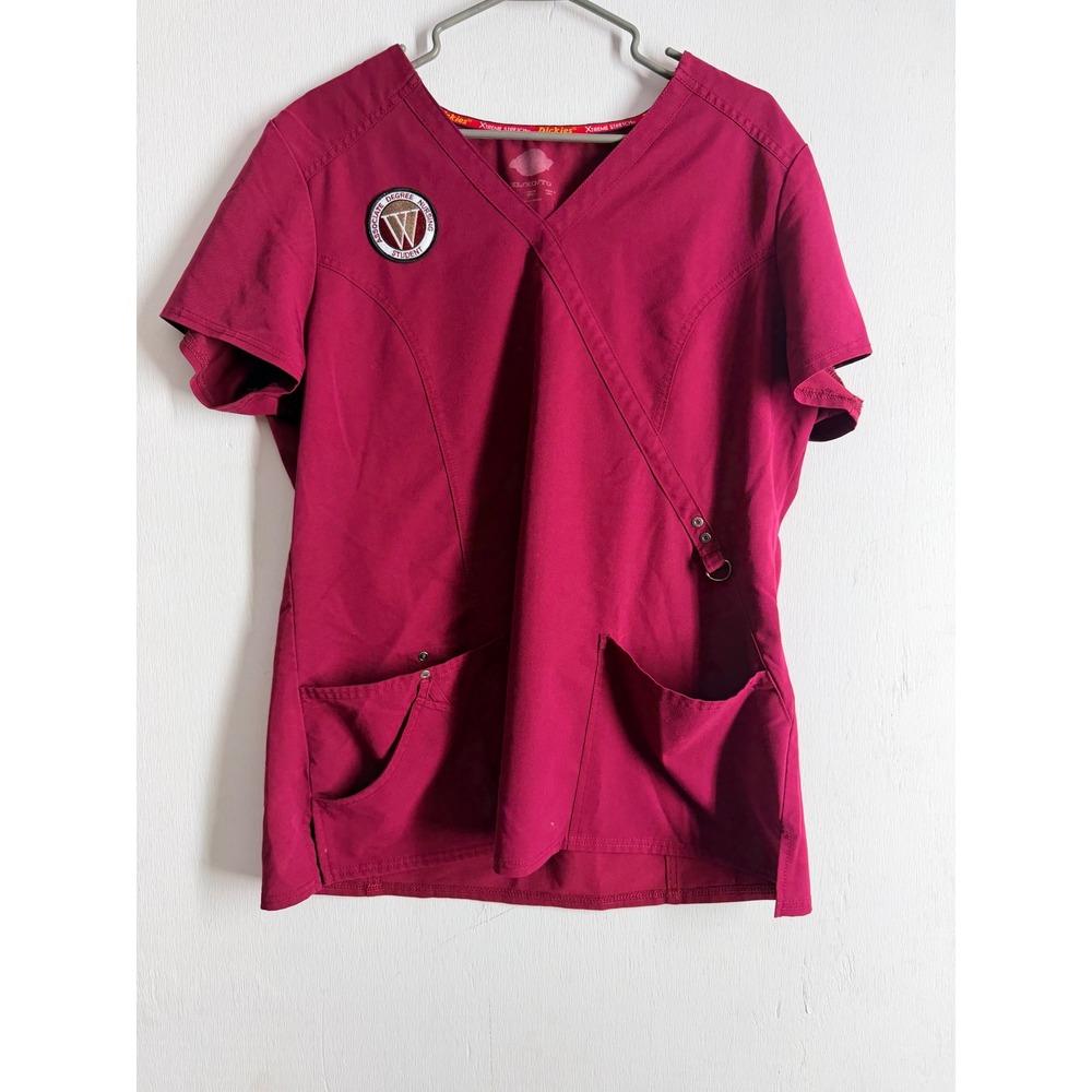 Dickies Xtreme Stretch Scrub Top XL Wine Nursing Student Patch Mock Wrap V-Neck